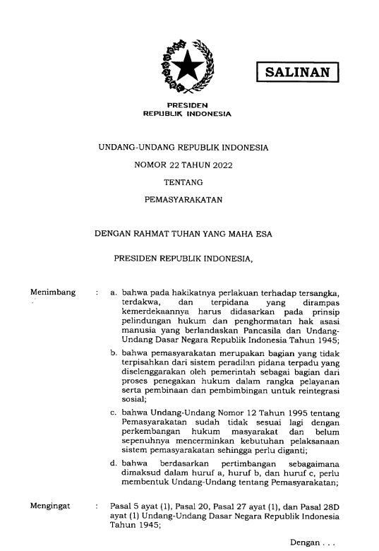 Undang-Undang Nomor 22 Tahun 2022 tentang Pemasyarakatan
